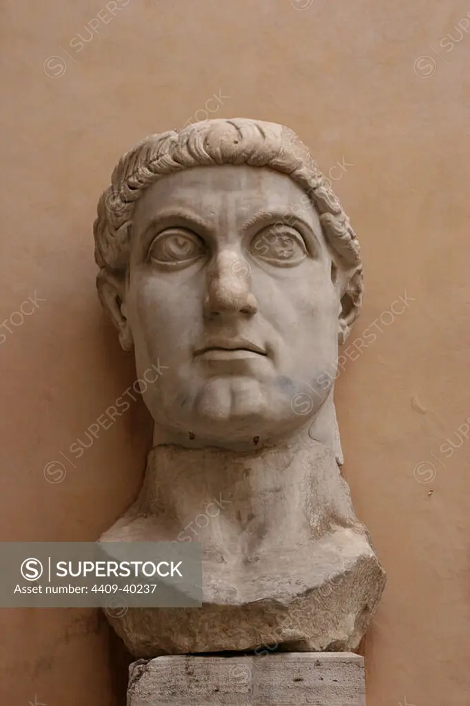 Constantine I, The Great (272-337). Roman Emperor. Best known for beign the first christian roman emperor. Head of Constantine's colossal Statue at the Capitoline Museums. Rome. Italy.