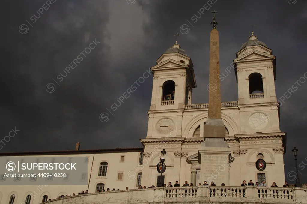 Italy. Rome. Church of the Trinita dei Monti, 16th century, and the Sallust Obelisk of the Roman imperial period. Spanish Square.