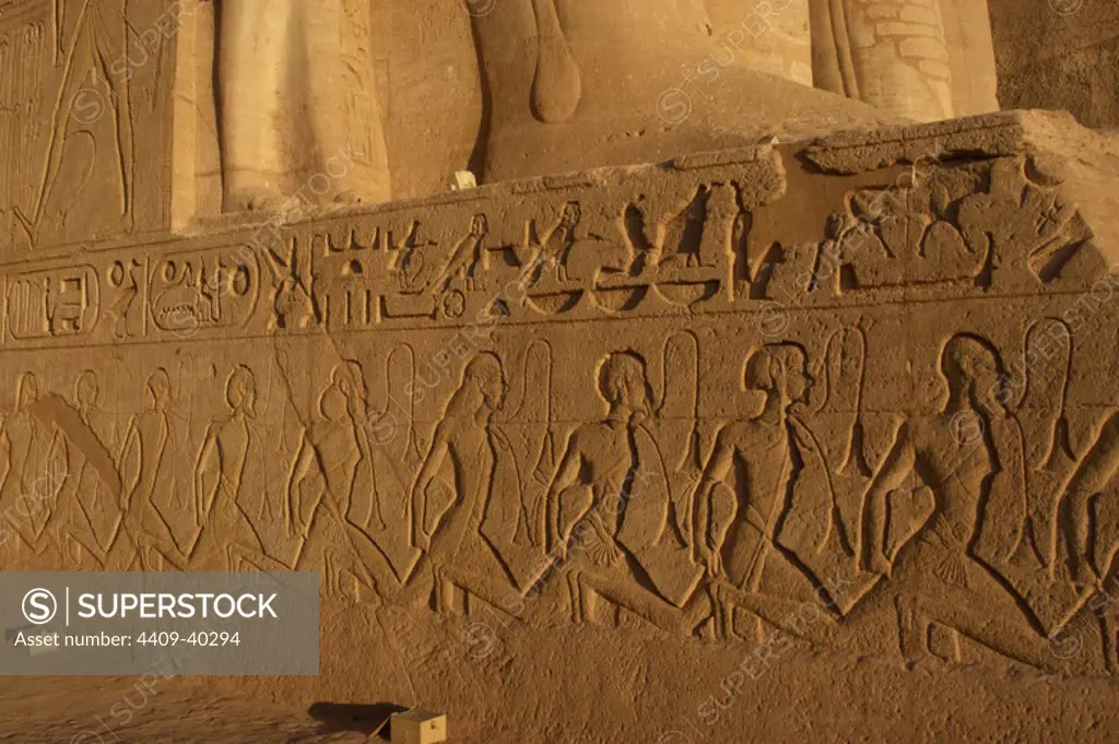 Egyptian art. Relief depicting a group of prisoners with Asian features (symbolizing the enemies of Egypt border). Temple of Ramses II. New Kingdom. Abu Simbel. Egypt.