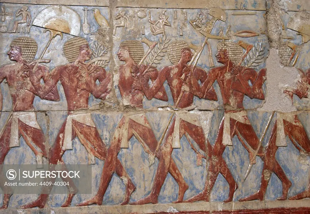 Egyptian soldiers in the expedition to the Land of Punt. Temple of Hatshepsut. C. 1490 b.C.18th Dynasty. New Kingdom. Deir el-Bahari. Egypt.
