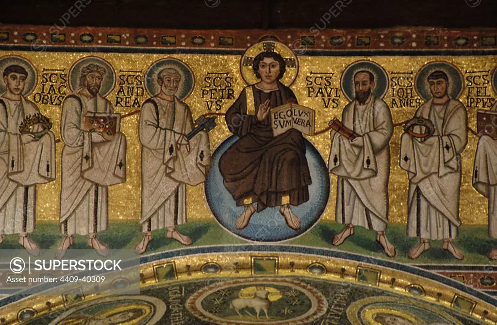 BYZANTINE ART. CROATIA. Euphrasian Basilica. Byzantine church built in the sixth century. World Heritage Site by UNESCO in 1997. Mosaic with Christ and the twelve Apostles. POREC. Istrian Peninsula.