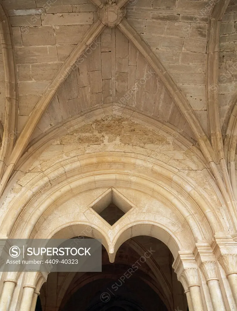 Romanesque art. Monastery of Santes Creus. Cistercian Abbey. Entrance to the Chapter House coverred with vault. Aiguamurcia. Catalonia. Spain.