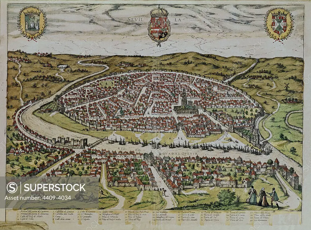 CIVITATES ORBIS TERRARUM - VISTA DE SEVILLA - GRABADO DE 1582 - SIG-1-1174. Author: GEORG BRAUN 1541-1622 / FRANS HOGENBERG. Location: BIBLIOTECA NACIONAL-COLECCION. MADRID. SPAIN.