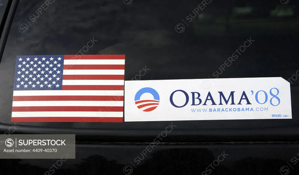 Stickers on a car window with electoral propaganda of Barack Obama for the elections to the presidency of the country, held in November 2008. United States of America.