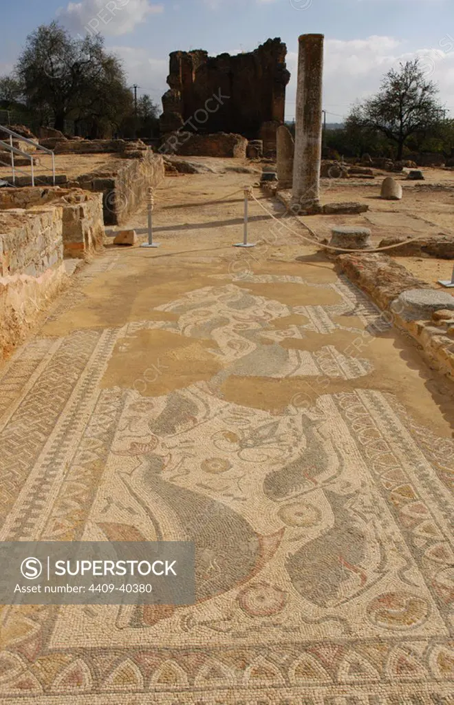 Ruins of Milreu. Roman Villa (1st - 4th century A.D.). Mosaic detail. Estoi, near Faro. Algarve. Portugal.
