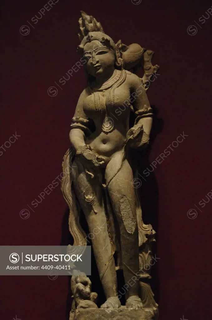 Celestial female (apsara) with scorpion on her leg. 11th century. From Khajuraho, India. Buff sandstone. Dallas Museum of Art. State of Texas. United States.