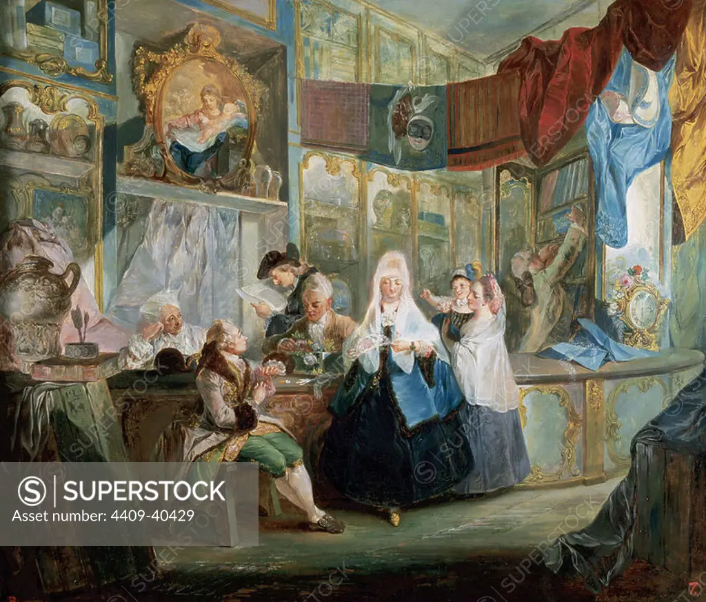 ART S. XVIII. SPAIN. PARET AND ALCAZAR, Luis (1746-1799). Spanish painter of the Madrid school, highest representative of the Rococo in Spain. "THE SILK SHOP" "THE ANTIQUE SHOP". Lazaro Galdiano Museum. Madrid.