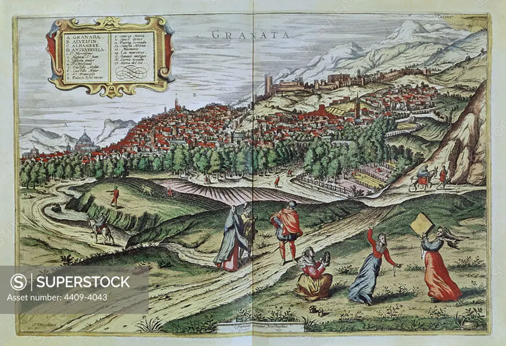 CIVITATES ORBIS TERRARUM - VISTA DE GRANADA - GRABADO - 1565. Author: GEORG BRAUN 1541-1622 / FRANS HOGENBERG. Location: BIBLIOTECA NACIONAL-COLECCION. MADRID. SPAIN.