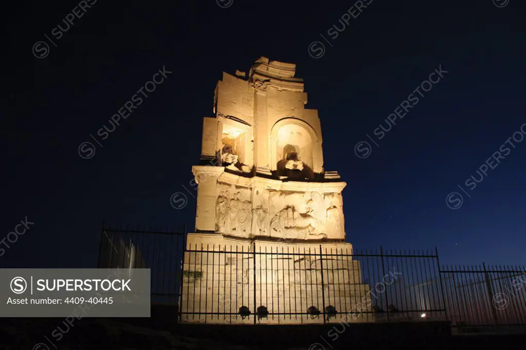 Roman Art. The Philopappus Monument. Tomb of Caius Julius Antiochus Philopappos, a member of the royal family of Commaene (Syria). Was built between 114 and 116 A.D. Night Photography. Philopappos Hill. Athens. Central Greece. Attica. Europe.
