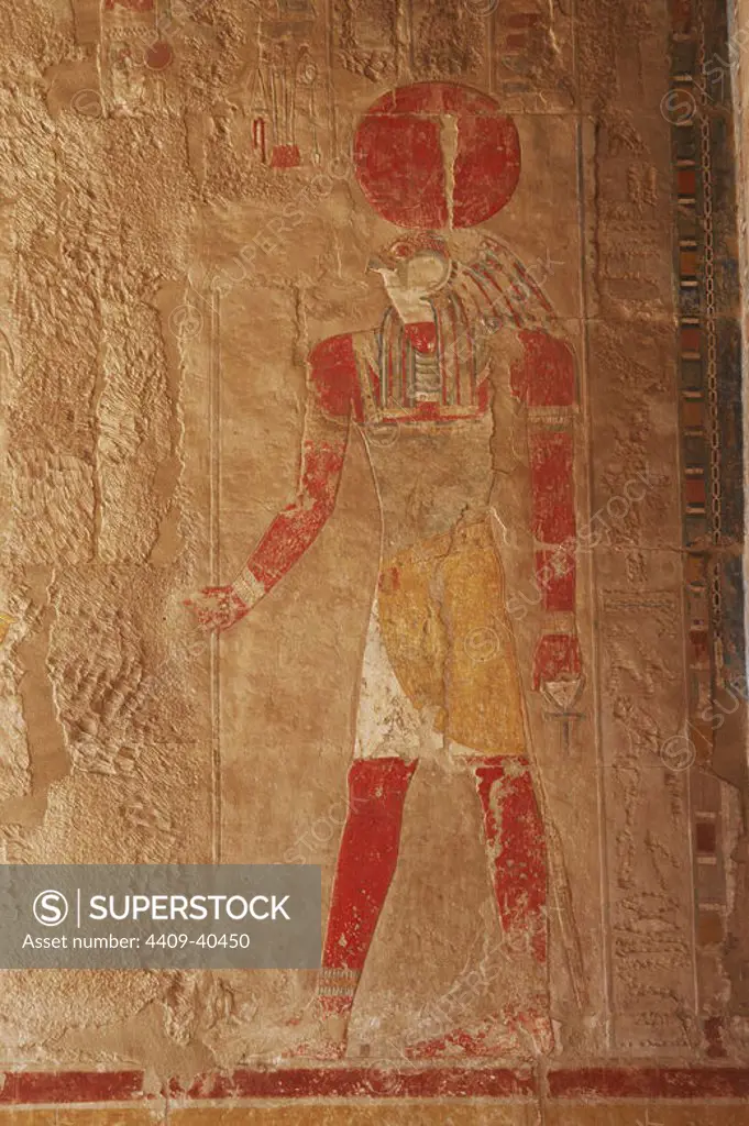 Polychrome relief of Ra, sun god. Temple of Hatshepsut. New Kingdom. Eighteenth Dynasty. Egypt.