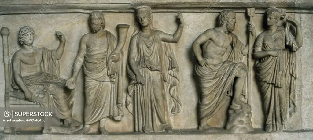 Roman relief depicting an Assembly of the Gods. From right to left: Jupiter, Pluto, Proserpina, Neptune and Amphitrite. 2nd century AD. Dal Drago Collection. Altemps Palace. National Roman Museum. Rome, Italy.