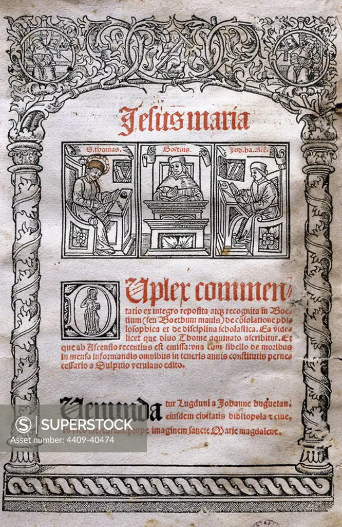 Boethius (480-524). Christian eclectic philosopher, compiler and translator of ancient philosophy of Aristotle's treatises. Consolation of Philosophy. Cover printed in Lugduni (Leyden) in 1509, with St. Thomas, Boethius and Jodocus Badius Ascensius.