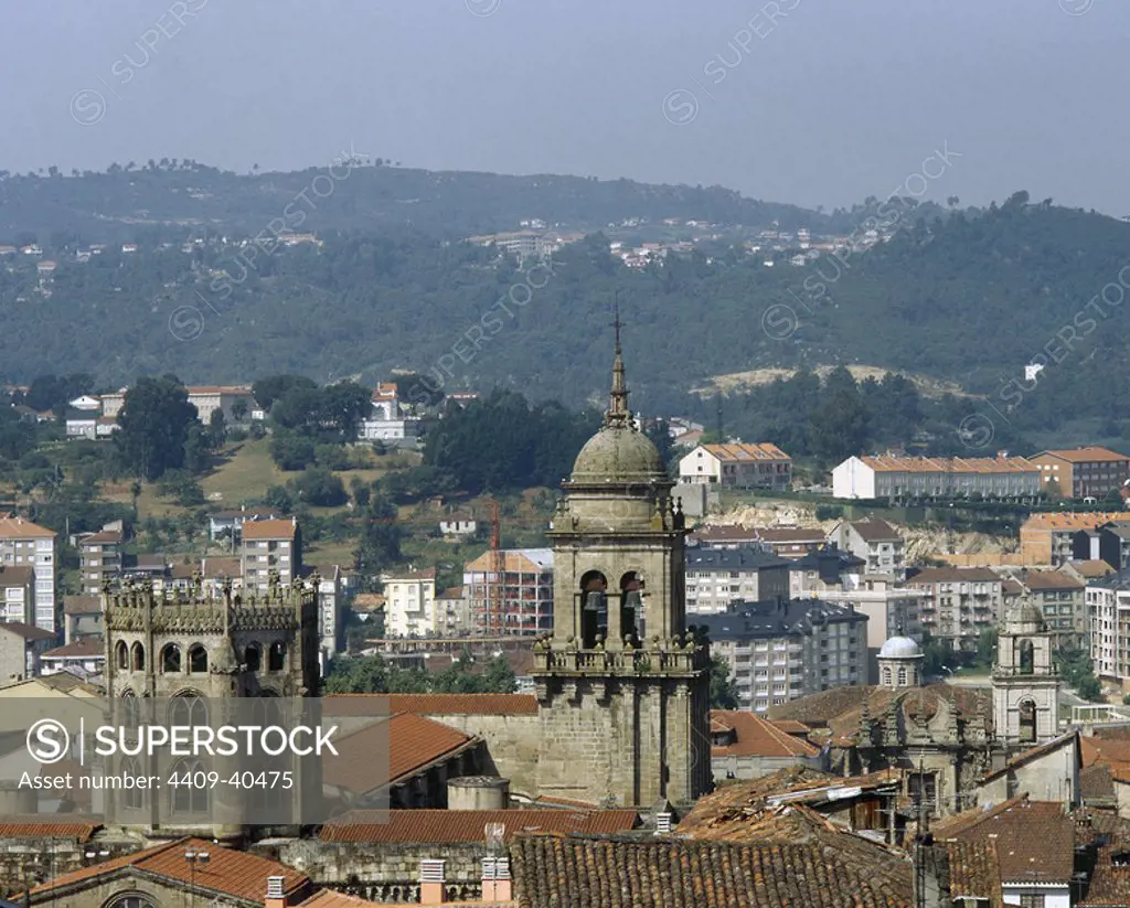 Spain. Galicia. Orense. Dome (15th century) and campanile of the cathedral from the St. Francis convent.