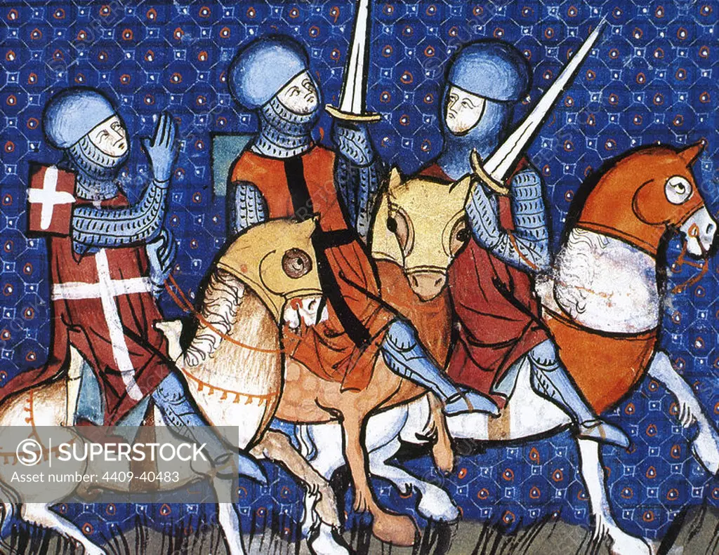 History of the Crusades. Crusaders departing for an expedition to the Holy Land. Miniature. 14th century. Castle of Chantilly. France.