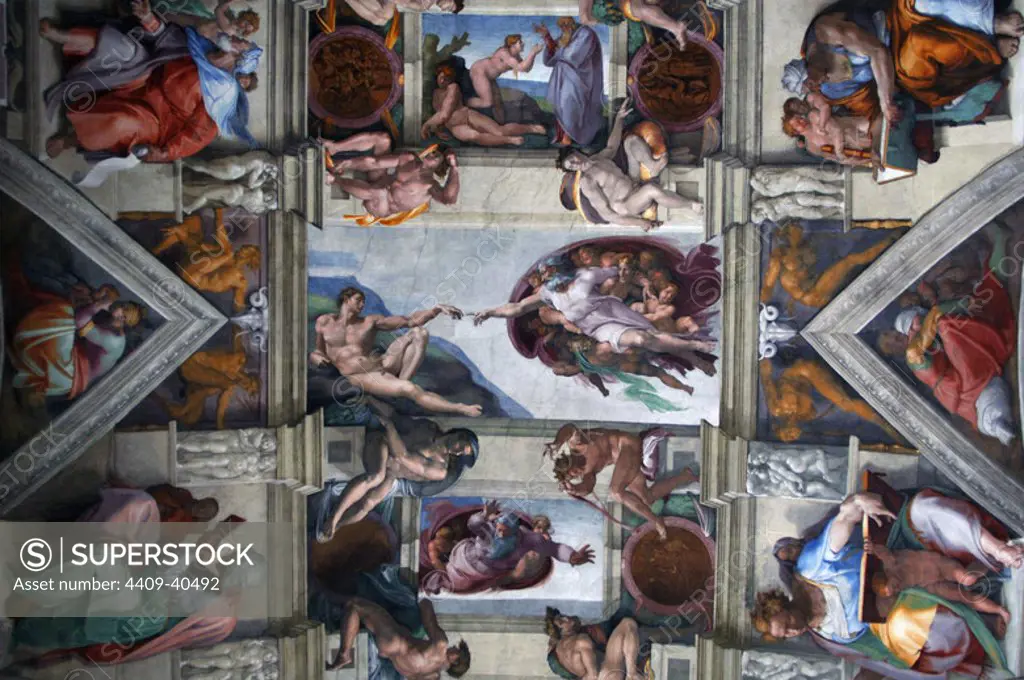 Michelangelo (Michelangelo Buonarroti) (1475-1564). Italian artist. Ceiling of Sistine Chapel. Detail with The Creation of Adam. Fresco. C.1512. Vatican Museums. Vatican City.