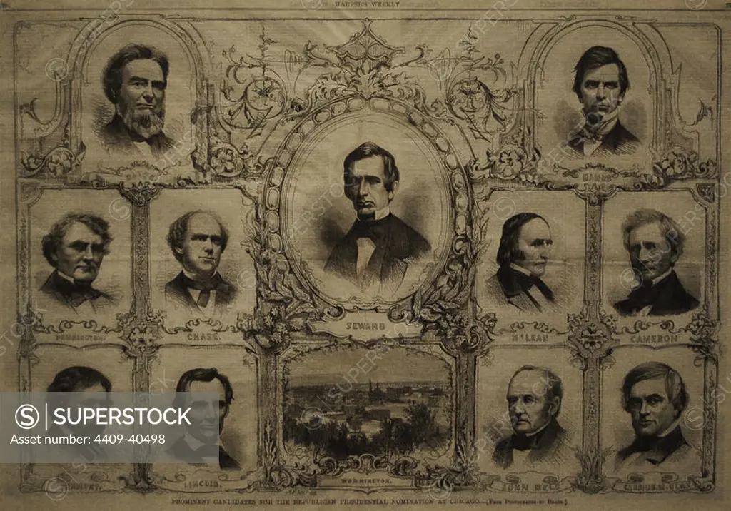 Candidates for the Republican presidential nomination in Chicago: Bates, Pennington, Chase, Fremont, Lincoln, Seward, Banks, McLean, Cameron, Bell and Clay. Wood engraving (1860). National Portrait Gallery. Washington D.C. United States.