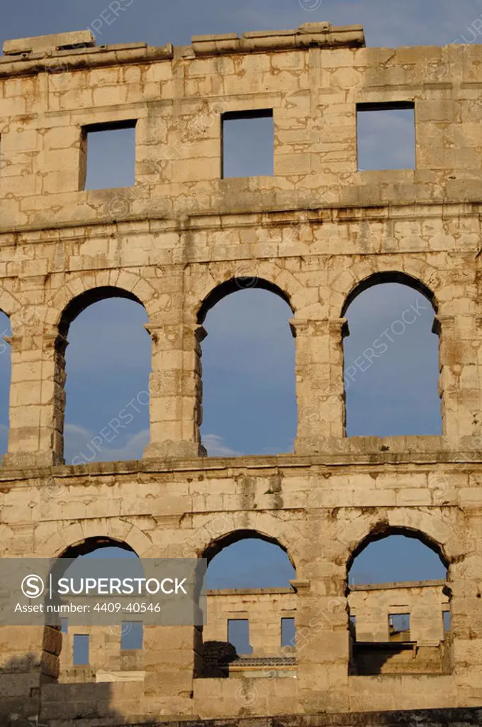 CROATIA. Roman Amphitheater. Built in the first century A.D. Declared a World Heritage Site by UNESCO. Outside view. Pula. Istrian Peninsula.