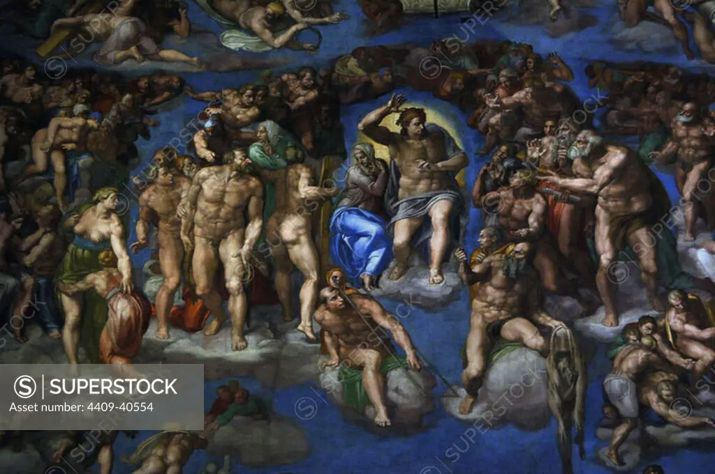 Michelangelo (Michelangelo Buonarroti) (1475-1564). Italian artist. The Last Judgement. Fresco. 1536-1541. Detail. Central part. Sistine Chapel. Vatican Museums. Vatican City.