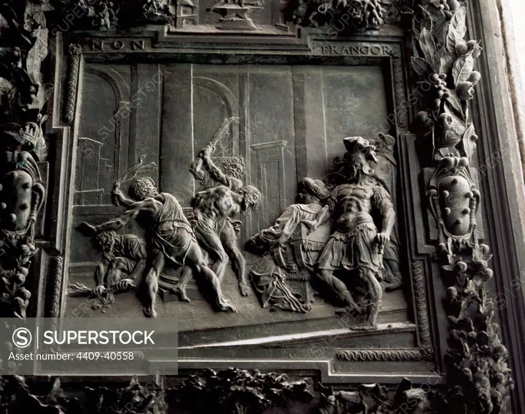 Italy. Pisa Cathedral. Flagellation of Christ. Detail of the main gate. 17th century.