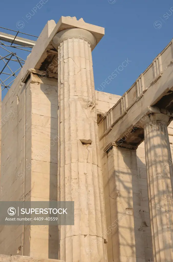 Greek Art. The Propylaea. In 437 BC Mnesicles started building the monument gates with columns of Pentelic marble. (437-432 BC). Acropolis. Athens. Attica. Central Greece. Europe.