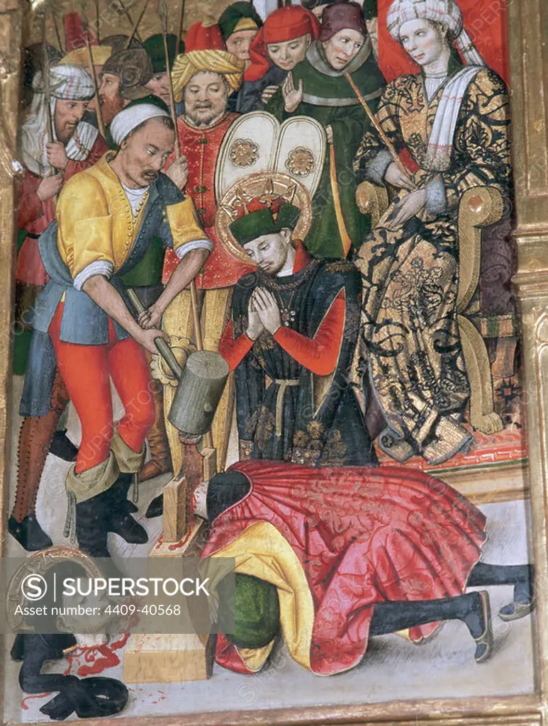Gothic art. 15th Century. Jaume Huguet (c. 1415-1492). Catalan painter. Altarpiece of the Saints Abdon and Senen. The martyrdom of the saints (1460-1461). Church of Saint Mary of Terrassa. Catalonia. Spain.
