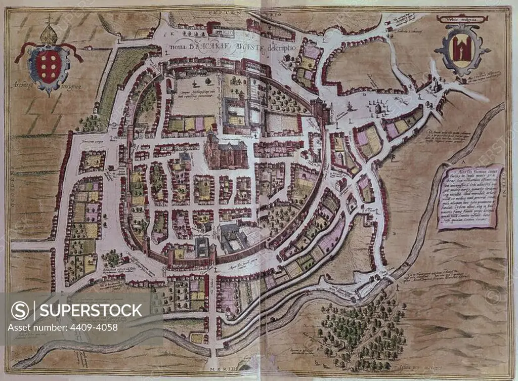 CIVITATES ORBIS TERRARUM - BRAGA (PORTUGAL) - ENGRAVING - 16TH CENTURY. Author: GEORG BRAUN 1541-1622 / FRANS HOGENBERG. Location: BIBLIOTECA NACIONAL-COLECCION. MADRID. SPAIN.