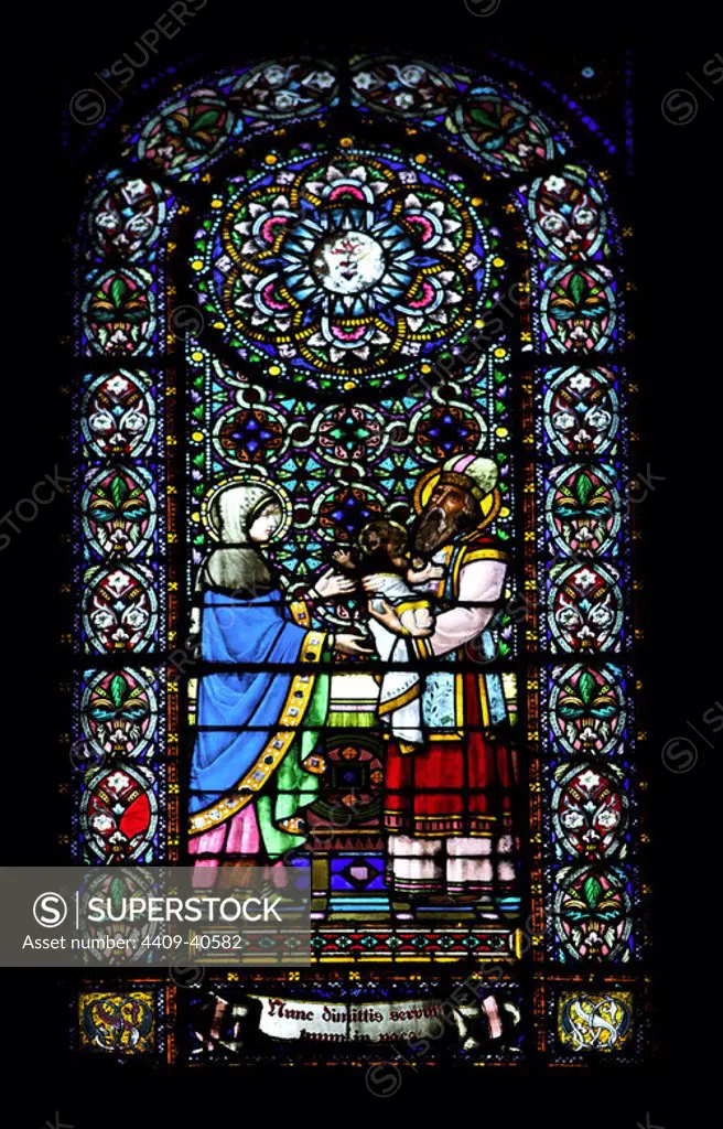 Stained glass window depicting the Presentation of Jesus at the Temple. Montserrat Abbey. Catalonia. Spain.