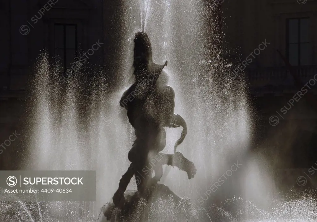 Italy. Rome. Fountain of the Naiads, 1870-1888. The sculpture of the naiads are by Mario Rutelli (1859-1941), 1901. Republic Square. Detail at backlight.