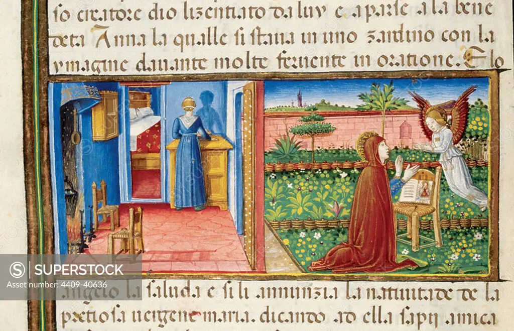 Annunciation to Saint Anne. Codex of Predis (1476). Royal Library. Turin. Italy.