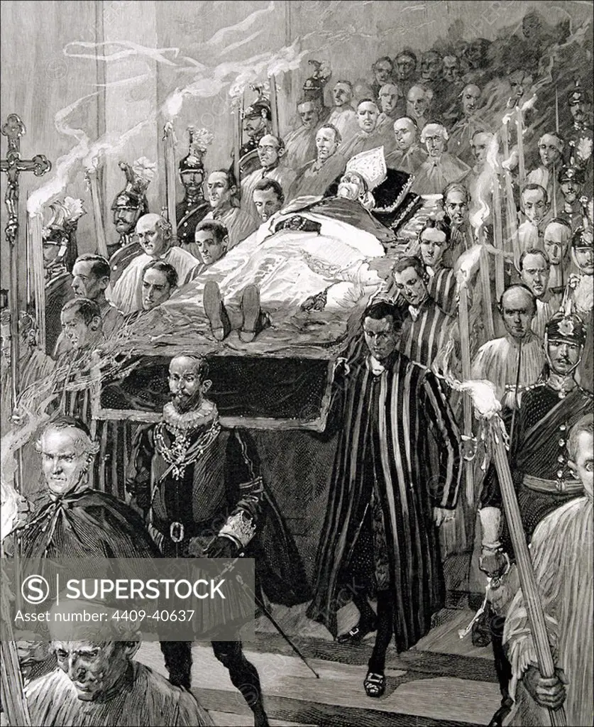 Leo XIII (1810-1903). Italian Pope (1878-1903), named Vincenzo Gioacchino Pecci. Funeral. Engraving in L'Illustration (1903).
