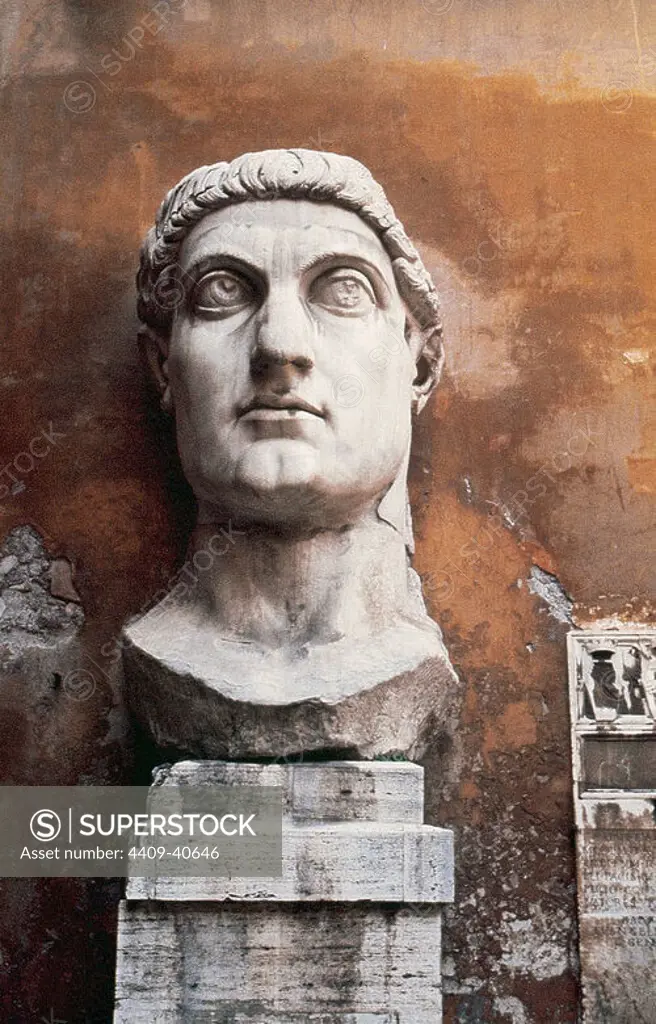 Constantine the Great (Flavius Valerius Aurelius Constantinus Augustus) (272-337). Roman Emperor from 306-337. Know for being the first roman emperor to convert to christianity. Head of Constantine's colossal statue at the Capitoline Museums. Rome. Italy.