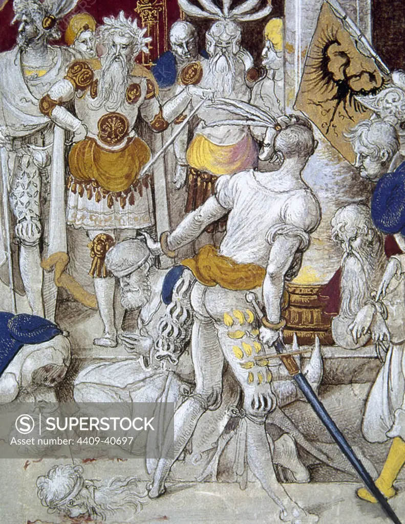 History of Gaul. Cesar looks at the slaughter of his enemies. Miniature of the 16th century. Chateau de Chantilly. France.