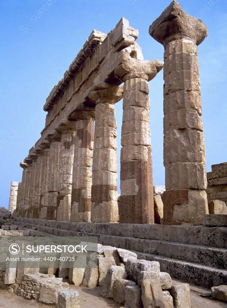 Greek art. Selinunte Acropolis. Temple C. Built in the mid-sixth century b.C. Has a perimeter of 42 columns, 12 of which still remain standing. Colonnade. Sicily. Italy.