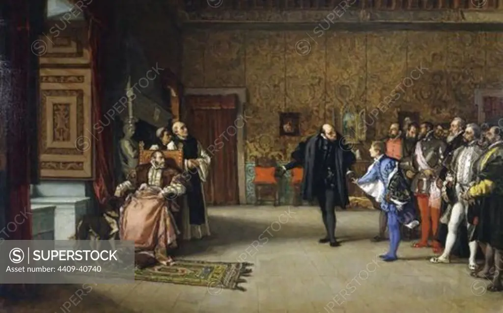 JUAN DE AUSTRIA (Ratisbona, 1545-Namur, 1578). Príncipe español, hijo natural de Carlos V. Hombre de gran prestigio militar. "PRESENTACION DE D. JUAN DE AUSTRIA AL EMPERADOR CARLOS V EN YUSTE". Oleo sobre lienzo de Eduardo ROSALES (1836-1873) realizado en el año 1869. Museo del Prado. Madrid. España.