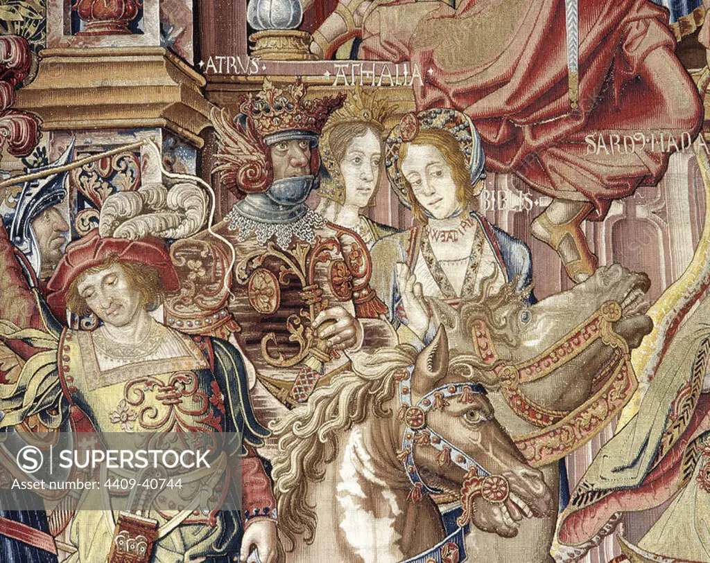 Tapestry Series Honors and Virtues. Detail. Made in Brussels in mid-sixteenth century. Wool, silk and silver. Tapestry Museum. Royal Palace of La Granja de San Ildefonso. Castile and Leon. Spain. National Heritage.