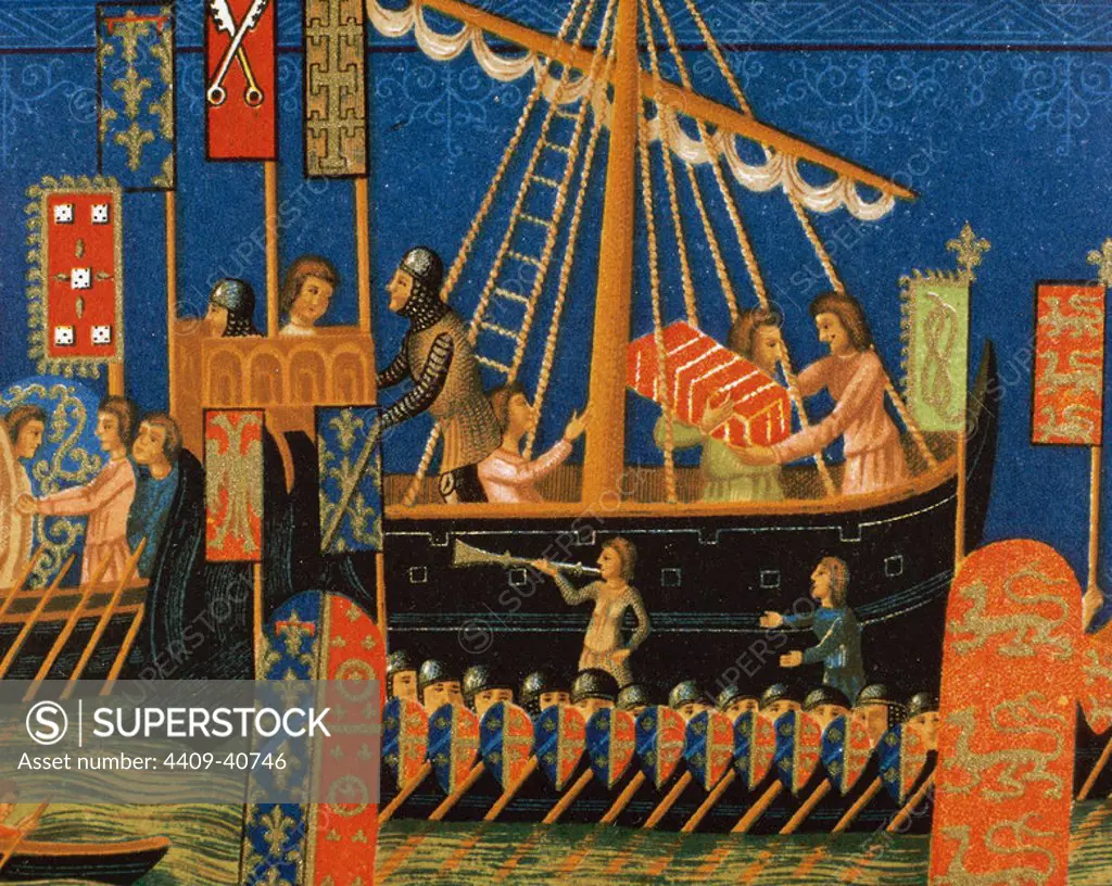 Shipping Crusaders to the Holy Land. Page of the Statutes of the Order of the Holy Spirit. 15th century.