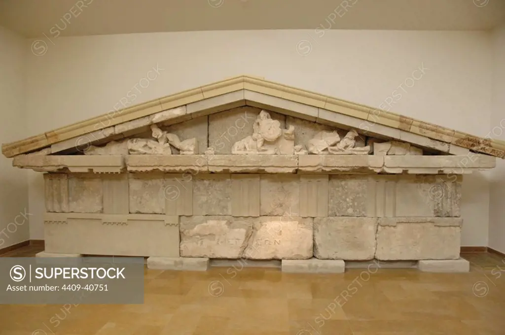 Treasury of Megara. Limestone pediment that depicts a scene from gigantomachy. Late 6th century B.C. Olympia Archaeological Museum. Ilia Province. Peloponnese region. Greece.