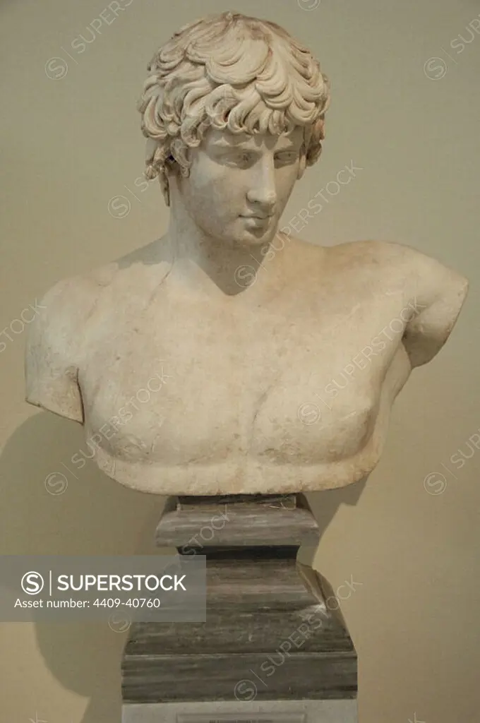 Antinous (110-130). Member of the Roman Emperor Hadrian's entourage, to whom he was beloved. Bust. Marble. Dated 130-138. Found in Patras. National Archaeological Museum. Athens. Greece.