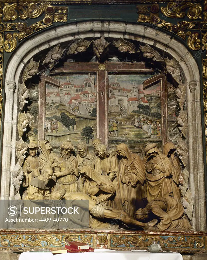 Spain, Galicia, Santiago de Compostela. Cathedral of Santiago. Mondragón Chapel or Chapel of Piety. Built between 1521 and 1526 by Jacome Garcia. Terracotta sculptural relief depicting the Lamentation over Dead of Christ, by Miguel Perrin (1498-1552) in 1526. Author: Miguel Perrin (1498-1552). Renaissance sculptor of French origin.