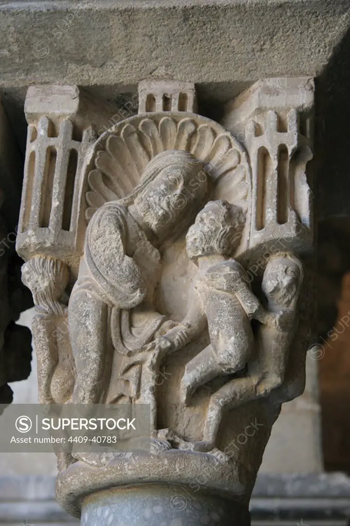 Art Romanesque. The Royal Benedictine Monastery of Sant Cugat. Built betwenn 9th and 14th centuries. Capital depicting God with Adam and Eve. Cloister. Sant Cugat del Valles. Barcelona. Catalonia. Spain.