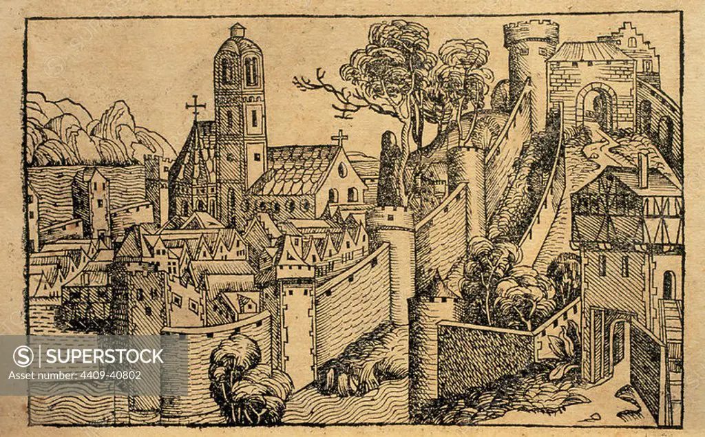 Liber chronicarum by Hartmann Schedel. Engraving depicting the city of Alexandria. 15th century. Latin edition. Episcopal Library. Barcelona. Spain.