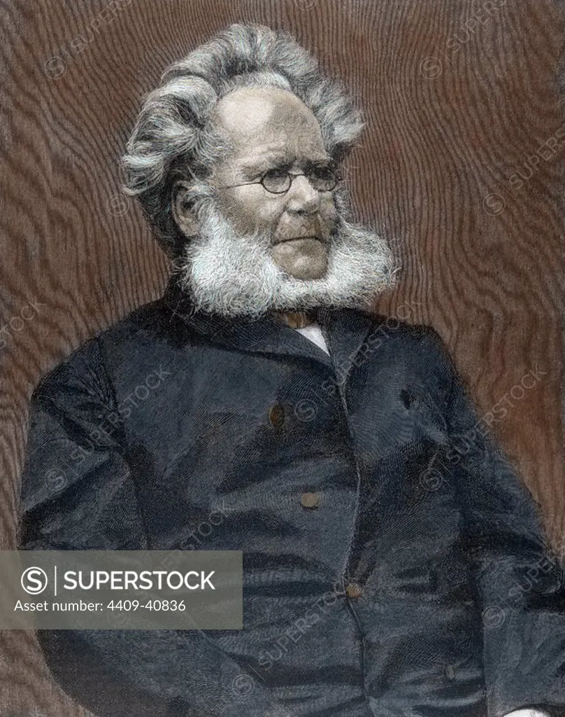 Ibsen, Henrik (Skien ,1828-Christiania, 1906). Norwegian writer. Colored engraving.