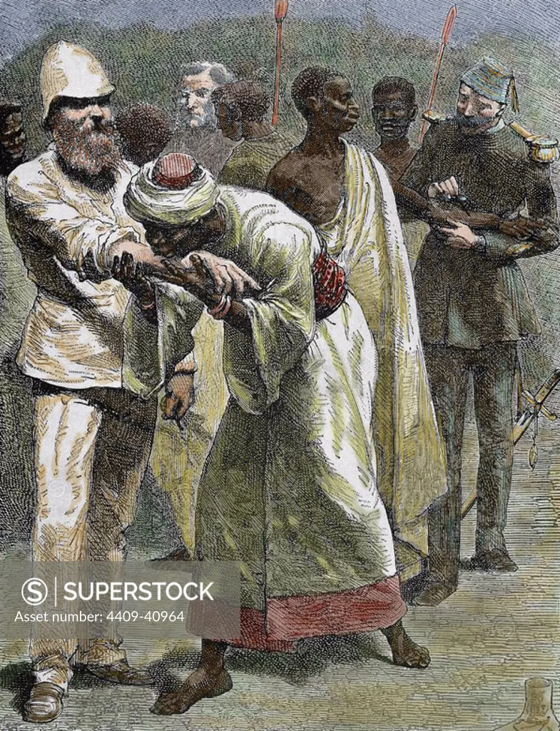 African native kissing the arm of an European settler. Colored engraving of 1887.