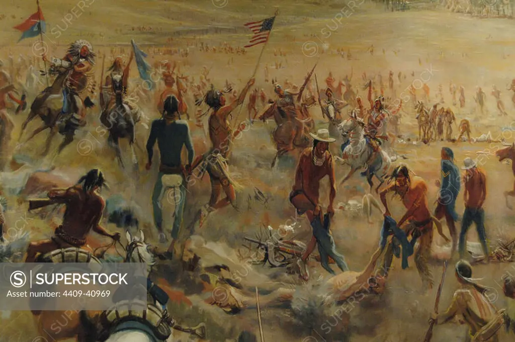 BATALLA DE LITTLE BIGHORN (1876). Escena de la batalla entre indios sioux y cheyennes y el Séptimo de Caballería del General Custer. MUSEO del MONUMENTO NACIONAL DEL CAMPO DE BATALLA DE LITTLE BIGHORN. Estado de Montaña. Estados Unidos.