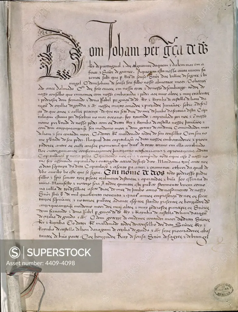 The Tordesillas Treaty, signed on June 7, 1494 between Spain and Portugal. Seville, Indian archives. Spain. Location: ARCHIVO DE INDIAS. Sevilla. Seville. SPAIN.