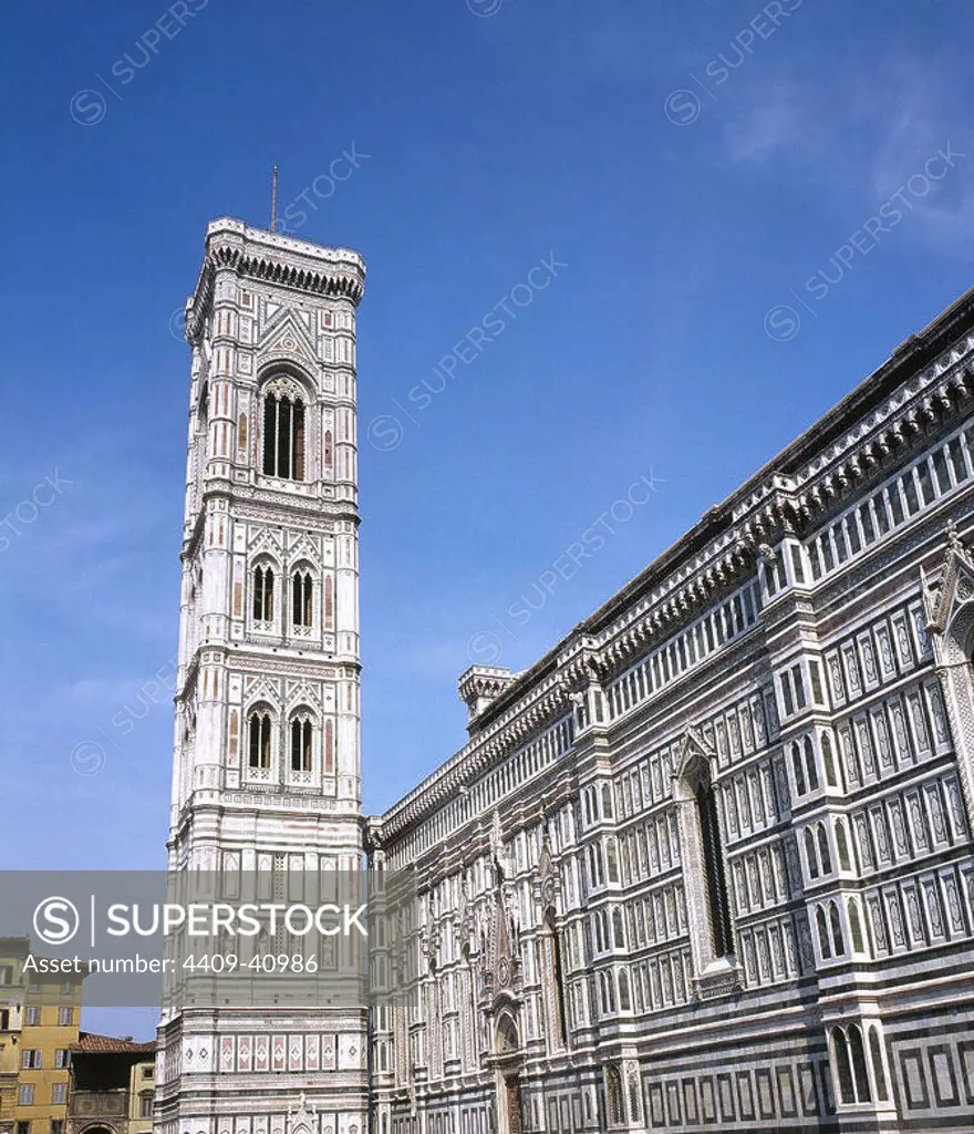 Italy. Florence Cathedral. Gothic. Facade and Campanile, by Giotto.