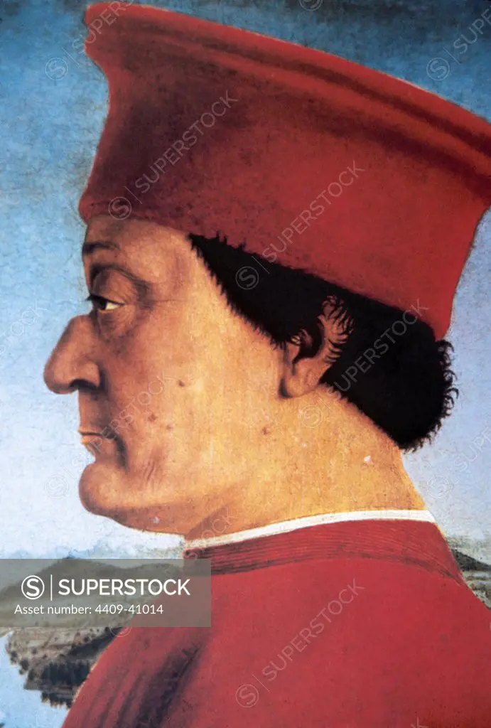 Federico III da Montefeltro (1422-1482). Italian Condottiere. Duke of Urbino (1444-1482). Portrait in the Diptych of the Dukes of Urbino (1465), by Piero della Francesca (h.1420-1492). The Uffizi Gallery. Florence. Italy.