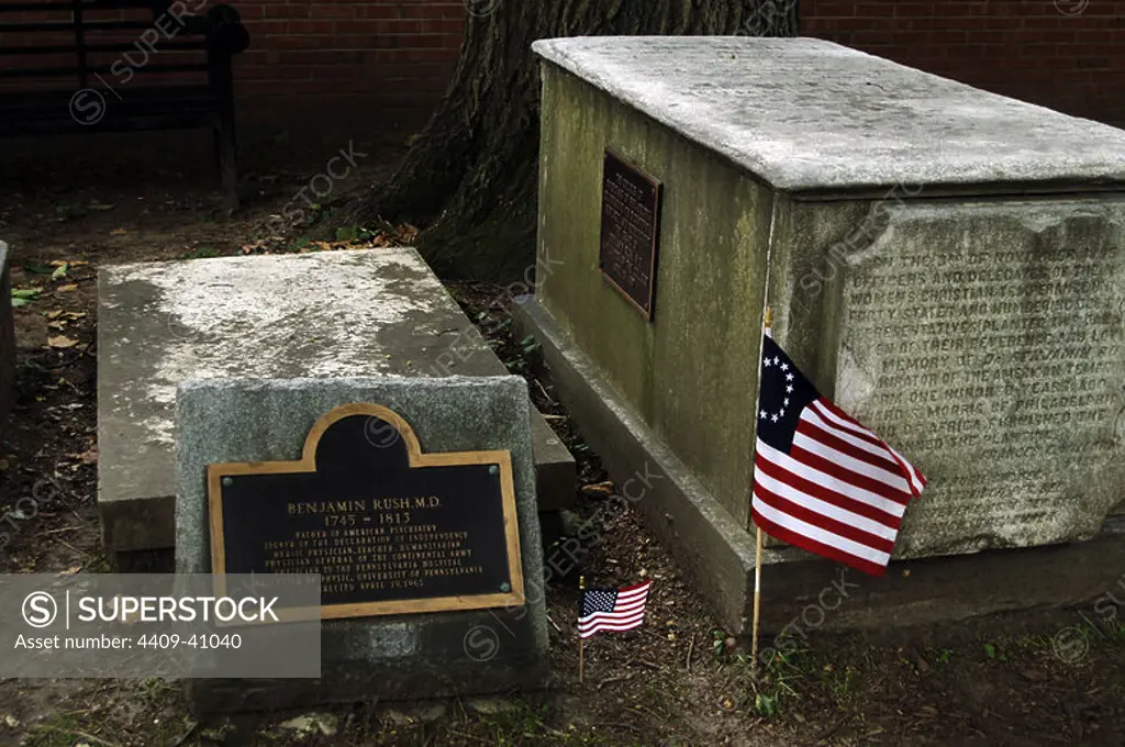 USA. Pennsylvania. Philadelphia. Christ burial Ground. Tomb of Benjamin Rush (1745-1813), one of the Founding Father of the United States.