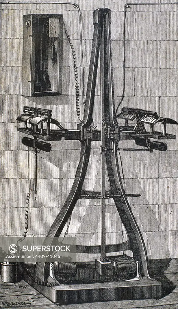 Giovanni Caselli Pantelegraph. Apparatus created in the year 1862 for sending and receiving long-distance images through the telegraphic network. It is the work of the Italian physicist Giovanni Caselli (1815-1891). Engraving 19th century.