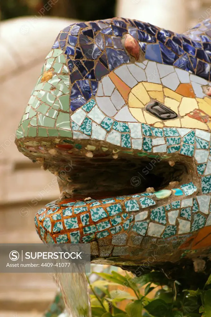 Spain. Catalonia. Barcelona. Park Guell. Built by Antoni Gaudi (1852-1926). Dragon at the entrance. (1900-1914). Detail. Head.